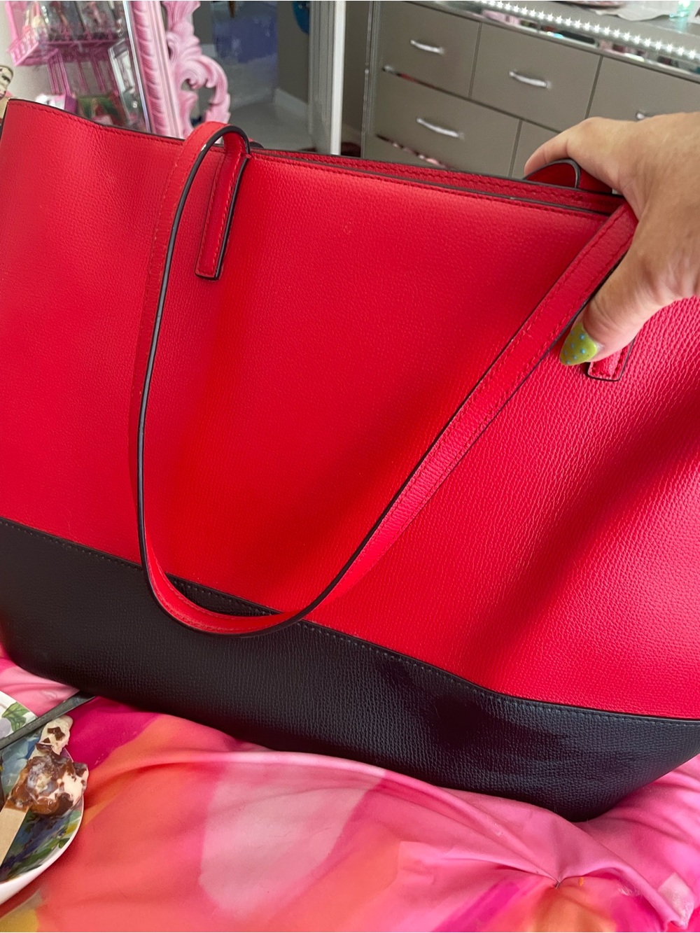 henri bendel Red Tote with Gold Script and Black & White Stripes - Picture 5 of 6